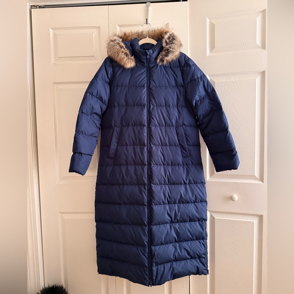 NWOT Lands' End Full Length Puffer Coat with Faux Fur Hood XL 14 - 16 + FREE Hat